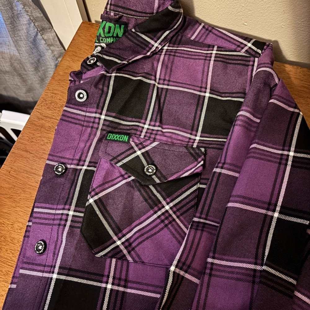 DIXXON Purple and Black Plaid Button-Down Shirt women’s size L THE REGAN